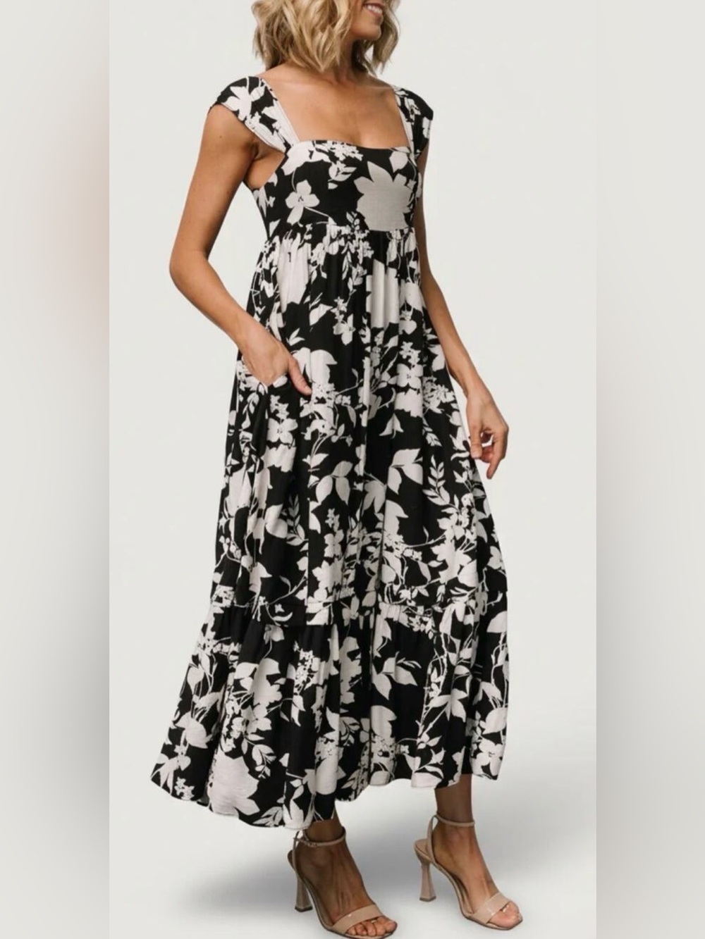 Baltic Born Aita Maxi Dress Black Ivory Floral Tiered Maternity Friendly Size L